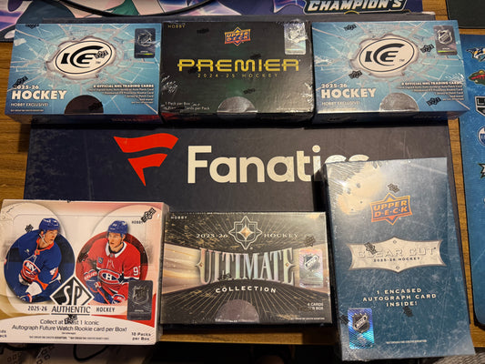 #2576- 7 BOX JERSEY MIXER (24-25 PREMIER,25-26 SP AUTHENTIC, 1x 25-26 ULTIMATE, 2x 25-26 ICE, 25-26 CLEAR CUT+ JERSEY MEM BOX) -TUESDAY OCT 6