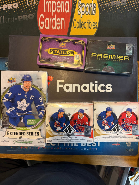 #2565- 6 BOX JERSEY MIXER (24-25 PREMIER,2x 25-26 SP AUTHENTIC, 21-22 STATURE, 25-26 EXTENDED+ JERSEY MEM BOX) -SATURDAY JUNE 27